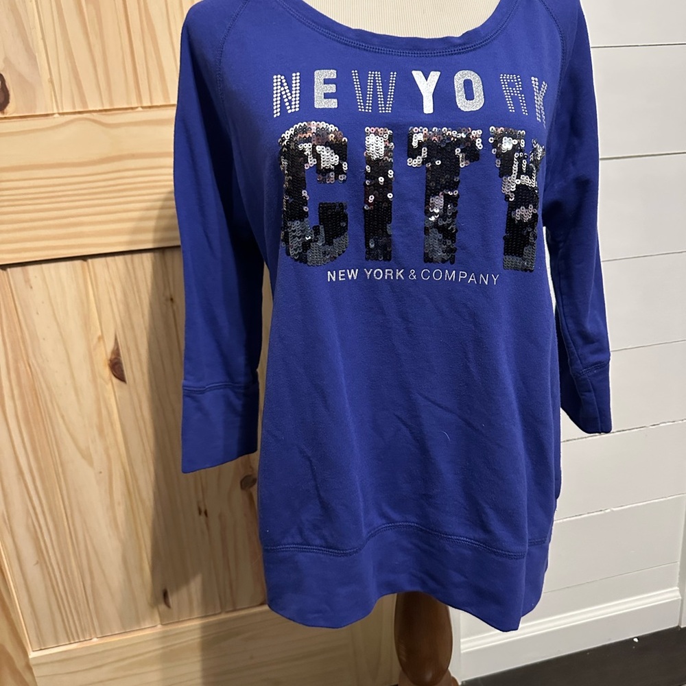 New York & Company Blue Sequin NYC Sweatshirt